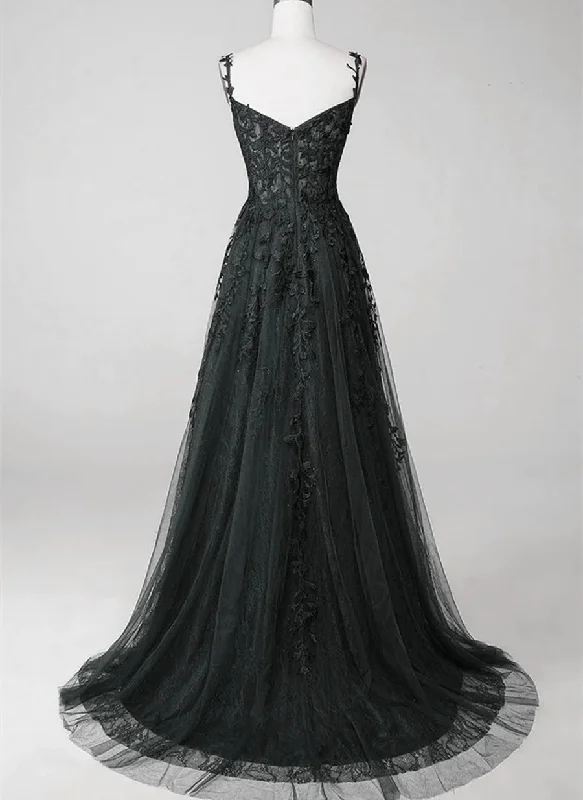 Black Lace Straps Beaded A-line Prom Dress Party Dress, Black Floor Length Formal Dress Tunics Chinos classic