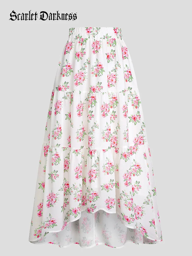 Women Elastic Waist Tiered High-Lo Skirt with Pocket silk skirt smooth