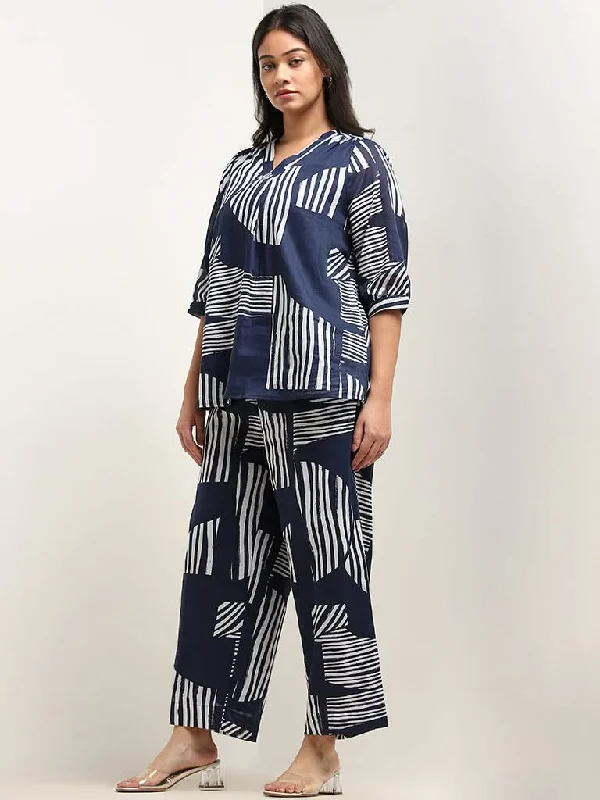 Gia Navy Abstract Design High-Rise Cotton Pants Soft Stretch Leggings