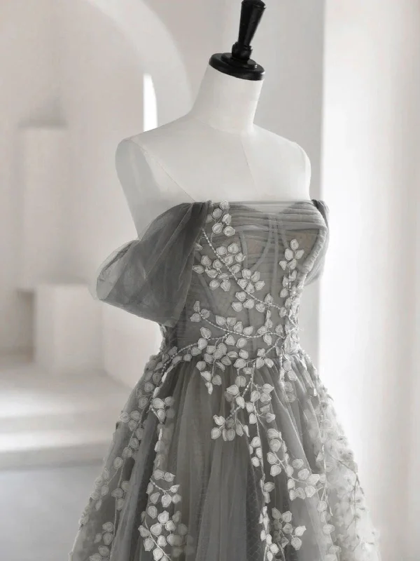 Grey Off Shoulder Tulle with Lace Applique Long Party Dress,Grey Prom Dress Boatneck Modish Everyday