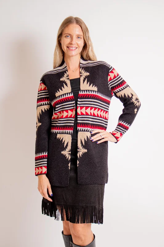 Selma Black & Red Long Cardigan Chenille Blend Fleece Blend Nylon Blend