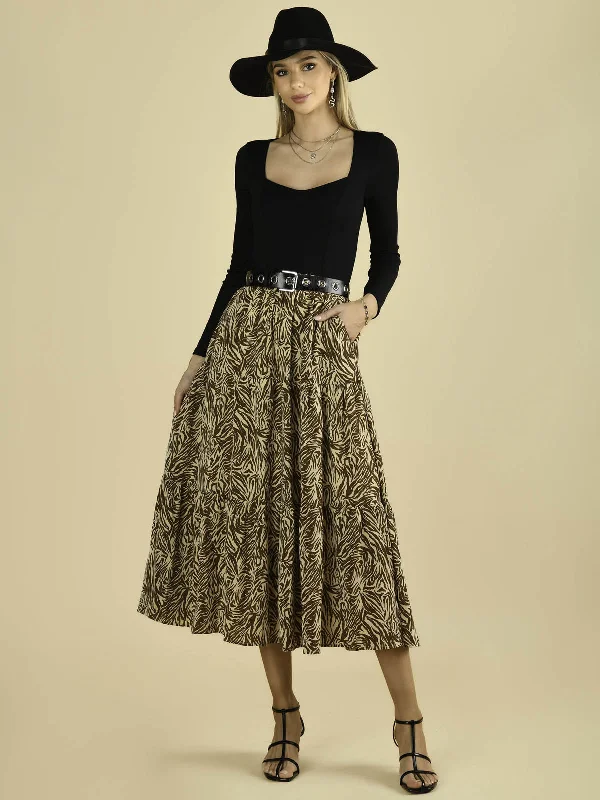 Jolie Moi Sara Animal Print Midi Skirt, Khaki Zebra button skirt front