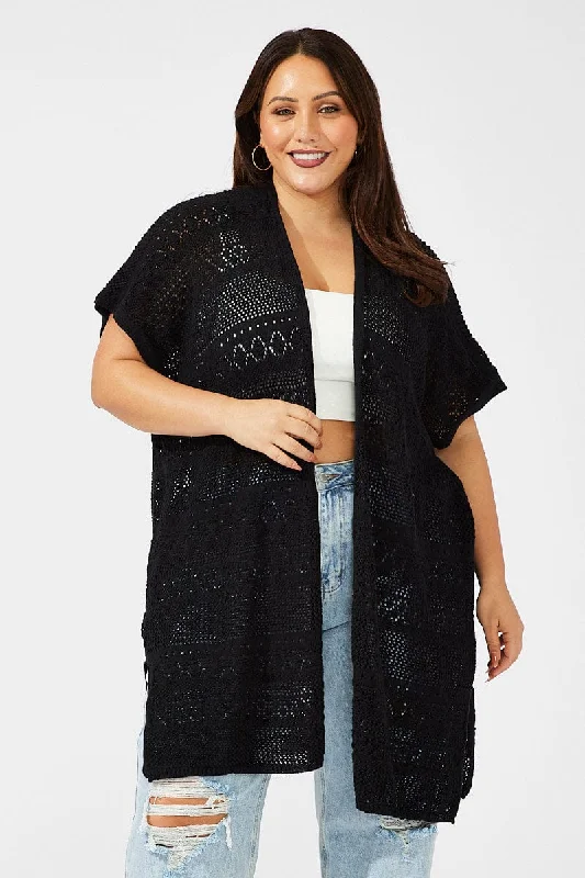 Black Crochet Longline Cardigan Chenille Blend Fleece Blend Nylon Blend