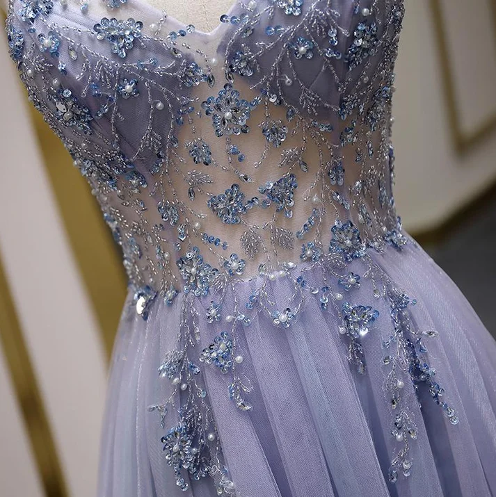 Sparkly A Line Spaghetti Straps Lace Up Back Long Prom Dresses, Evening Party Dresses sweetheart Neckline Romantic
