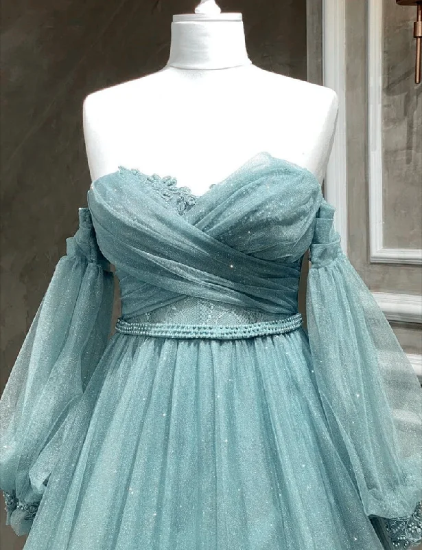 Light Blue A-line Long Sleeves Party Dress with Lace, Sweetheart Long Prom Dress Tunics Silk luxurious