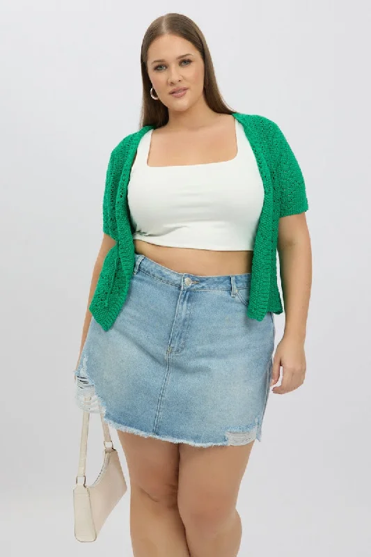 Green Crochet Cardigan Short Sleeve V Neck Print Jacquard Patchwork