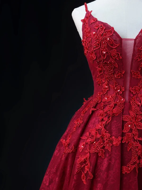 Wine Red Lace Applique Straps V-neckline Party Dress, Floor Length Wine Red Prom Dress Tunics Travel practical