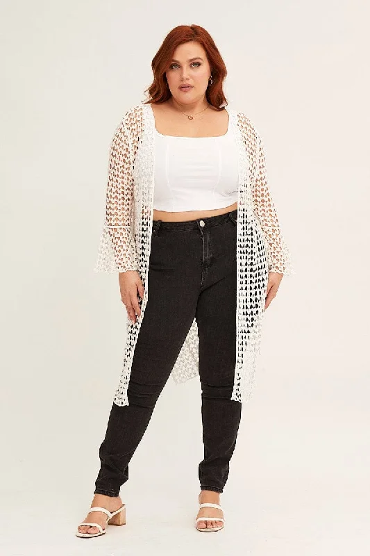 White Ruffle Sleeve Open Front Crochet Cardigan Iron Safe Non-Iron Wrinkle Free