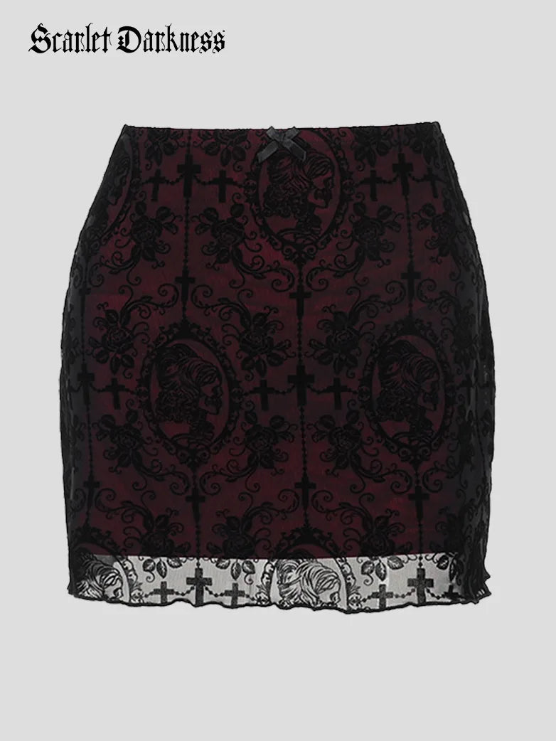 2024 Gothic Women Flocked Double Layer Mini Skirt tiered skirt playful