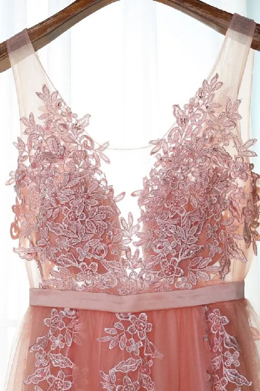 Pink Long New Prom Dress, Party Dress with Lace Applique Tunics Sale discount