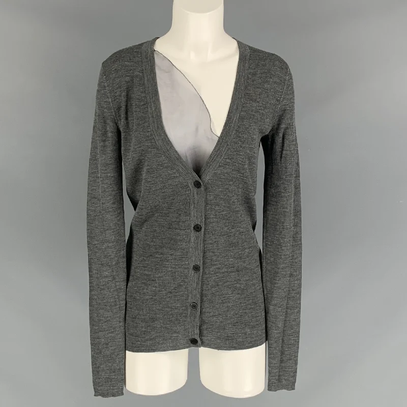 VERA WANG Size M Grey Wool Textured V-Neck Cardigan Embroidered Appliqued Beaded