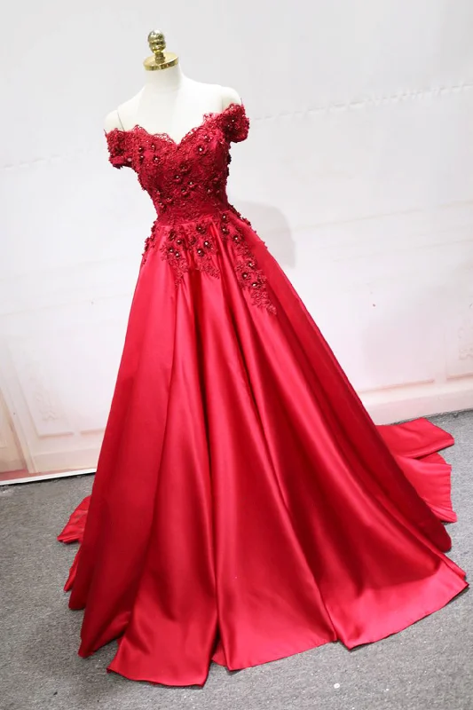 Red Satin Lace Long Prom Dress, Off Shoulder Evening Party Dress Tunics Trendy modern