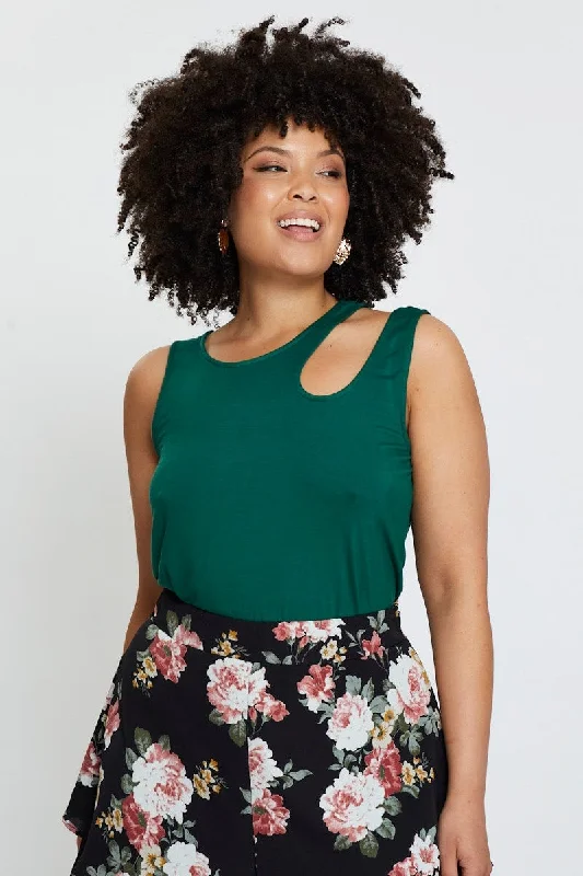 Green Tank Top Asymmetrical Cut Out Strap Jersey print tank top