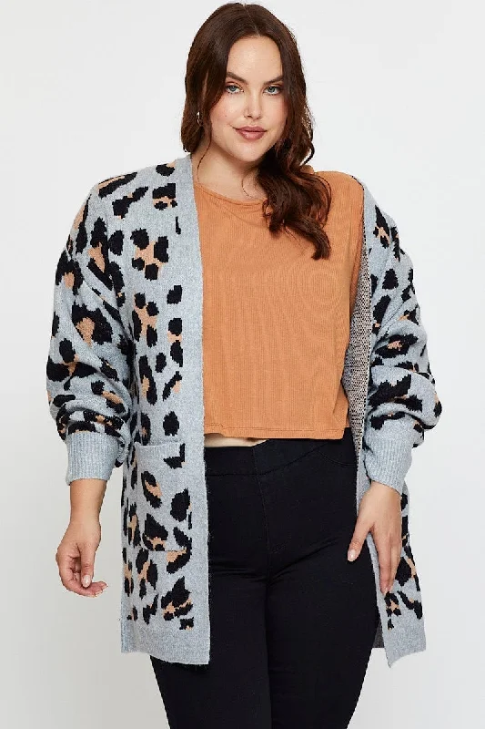 Animal Print Knit Cardigan Long Sleeve Longline Elegant Classic Vintage