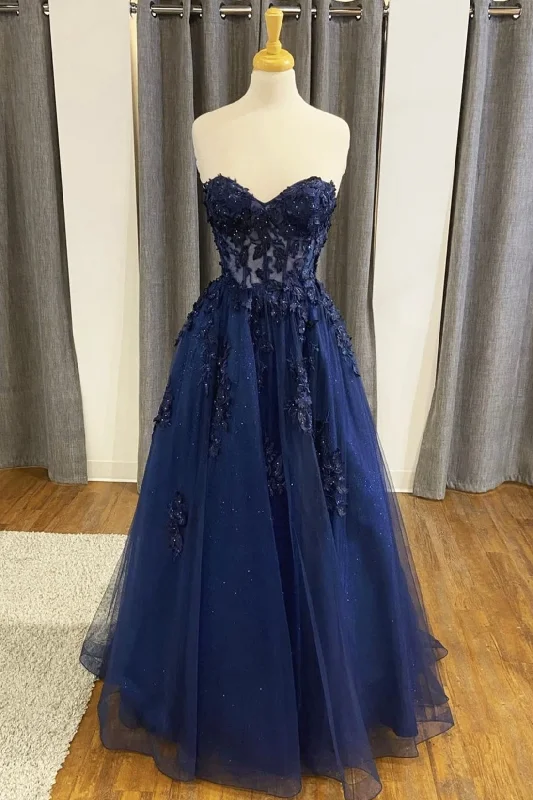 Blue Strapless Lace Long Prom Dress, A-Line Evening Dress Party Dress Tunics Essential wardrobe