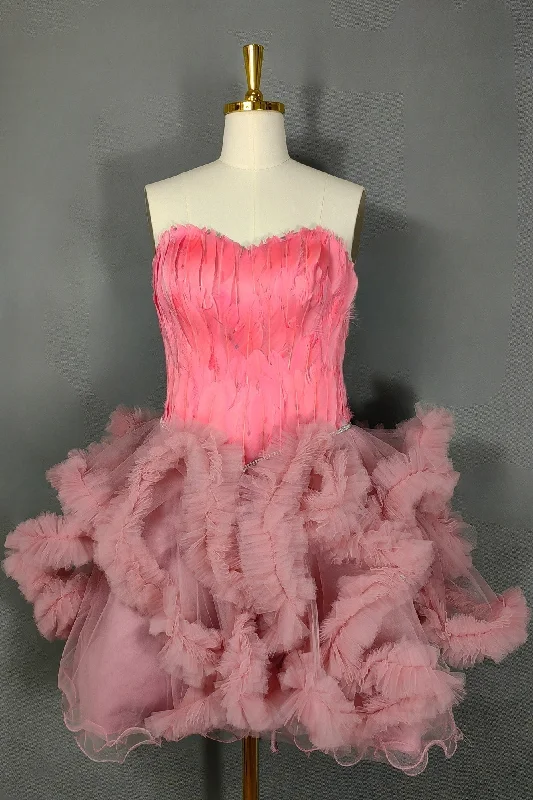 Pink Homecoming Dresses Sweetheart Neck Short Prom Dresses A Line Party Dress with Feather Tunics Evening elegant