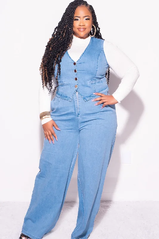 Final Sale Plus Size 2pc Sleeveless Blazer Vest and Pants Set in Denim Warm Wool Trousers