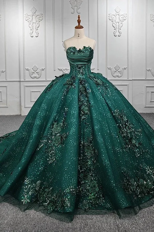 Stylish Strapless Appliques Ball Gown Sequins Court Train Evening Party Dresses Tunics Floral girly