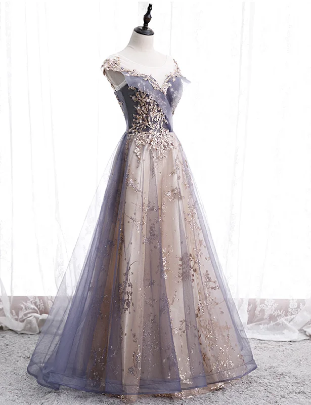 A-line Tulle with Lace Applique Party Dress, Tulle Long Prom Dress Turtleneck Neckline Stylish