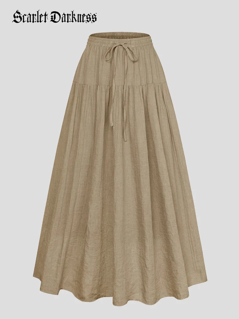Women Renaissance Cotton Drawstring Swing Maxi Skirt elastic waist skirt