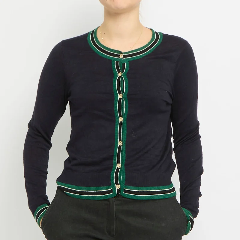 Round Neck Knitted Cardigan - UK 12 Front Pockets Side Pockets Patch Pockets