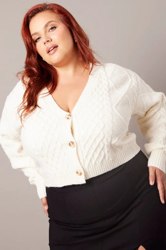 White Cable Knit Cardigan V-neck Crop Hooded Caped Shawl Collar