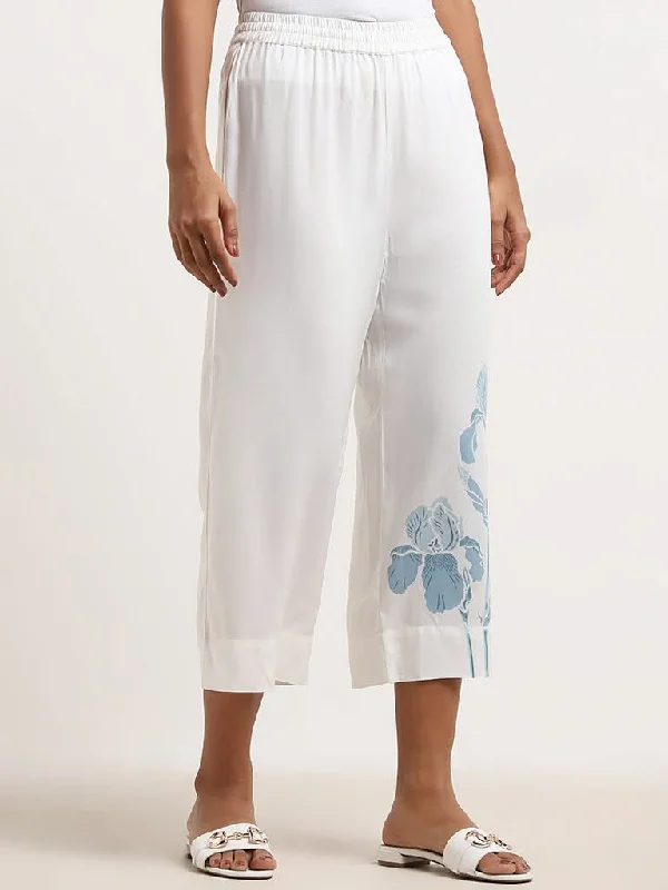 Utsa White Floral Printed High-Rise Ethnic Pants Relaxed Linen Pants