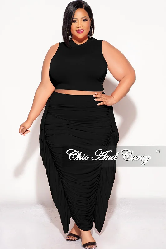 Final Sale Plus Size 2pc Tank Crop Top and Ruffle Skirt Set in Black vibrant tank top
