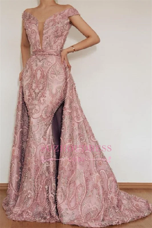 Pink Lace Appliques Mermaid Prom Dresses | Detachable Off-The-Shoulder Party Dresses Tunics Denim casual