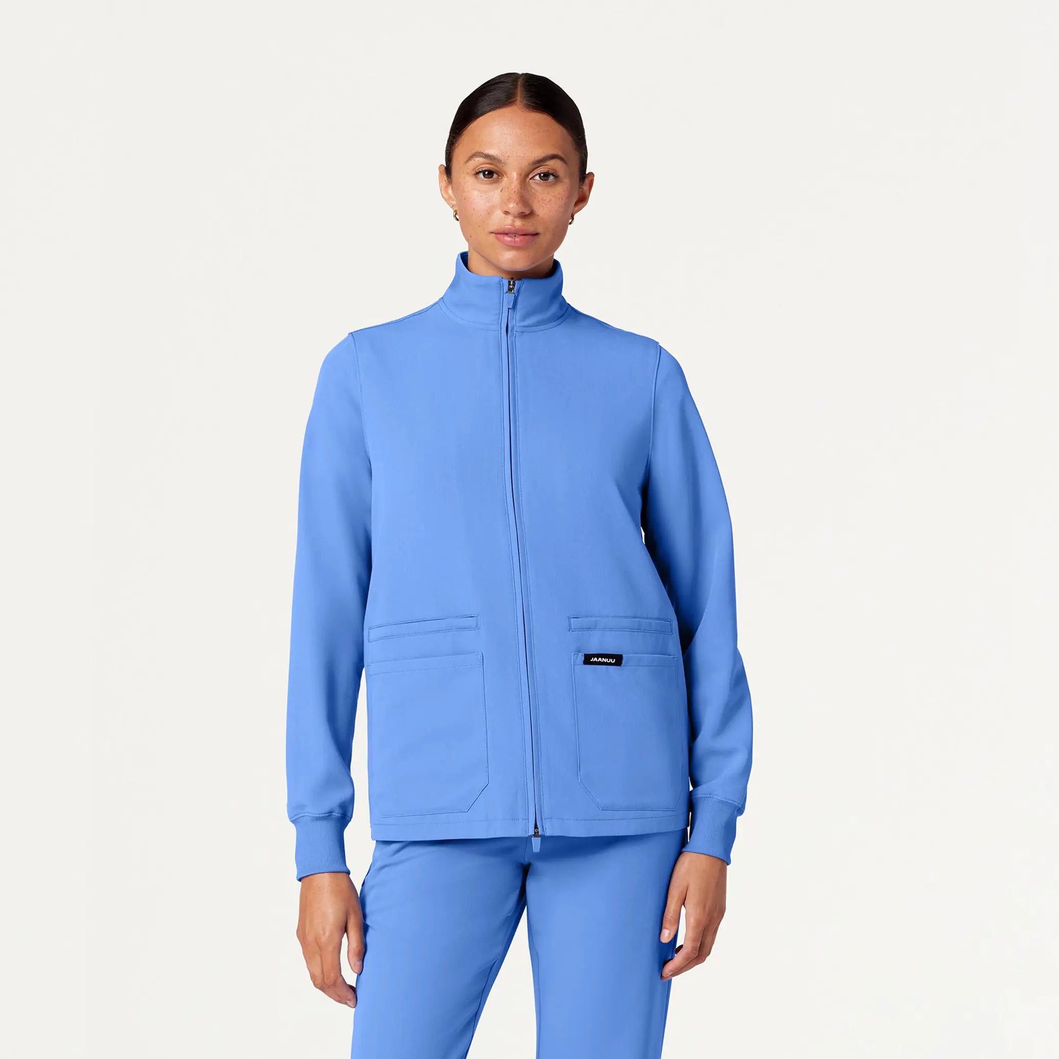 Jaanuu Women's Ceri Essential 6-Pocket Scrub Jacket - Ceil Blue Rayon Jacket Velvet Jacket Corduroy Jacket