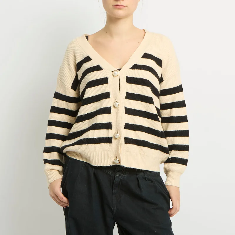 Knitted Stripe Pearl Button Cardigan - UK 14 Satin Blend Silk Blend Wool Blend
