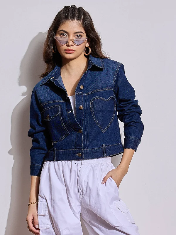 Women Blue Denim Heart Pockets Crop Jacket Zip Front Button Front Snap Front