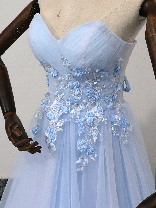 Elegant Blue Tulle Sweetheart Party Dress Formal Dress, Blue Lace Applique Prom Dress 2022 Tunics Chic elegant