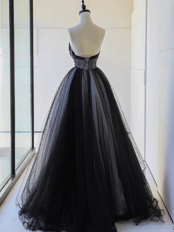 Black Strapless Tulle Lace Long Prom Dress, Black A-Line Sweetheart Neck Evening Party Dress Tunics Recommended stylist