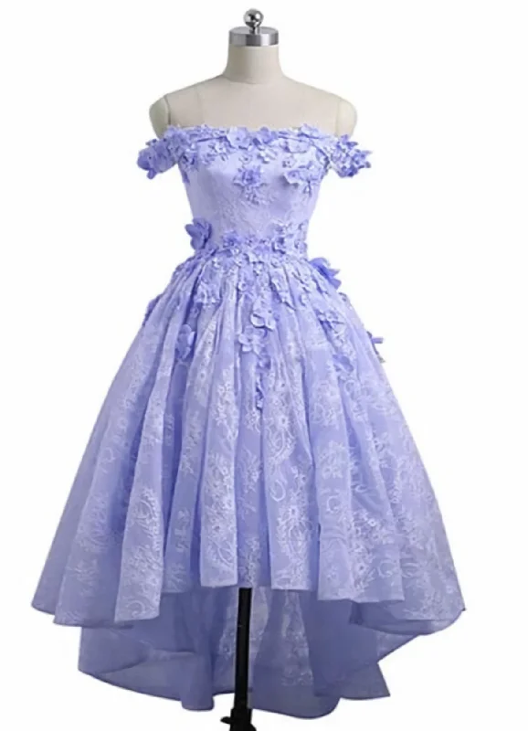 Lavender High Low Lace Party Dress, Cute Off Shoulder Prom Dress Tunics Floral girly