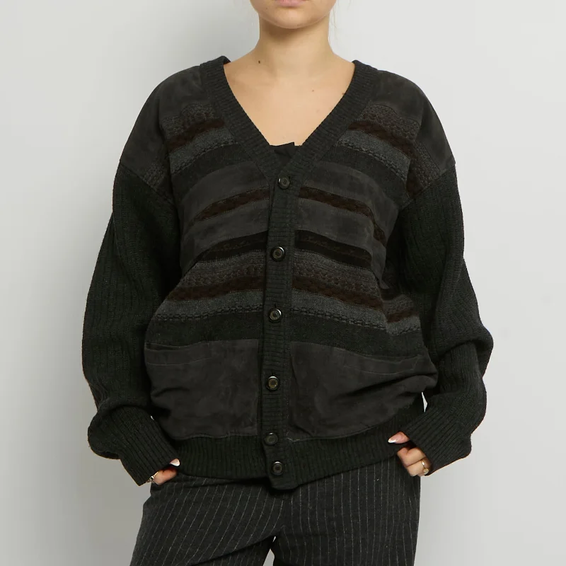 Suede Detail Button Up Cardigan - UK 14 Oversized Loose Flowy
