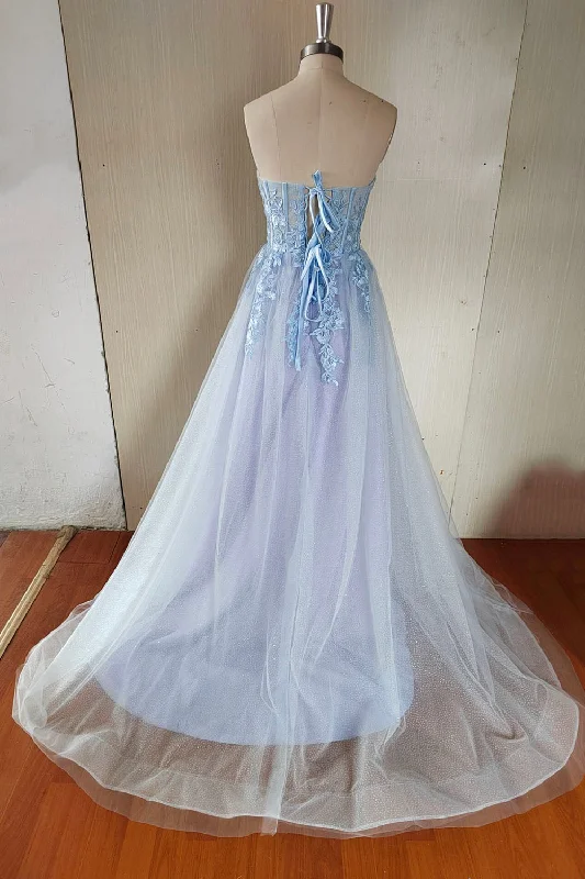Blue Strapless Lace Long A-Line Prom Dress, Blue Evening Party Dress Tunics Exclusive limited
