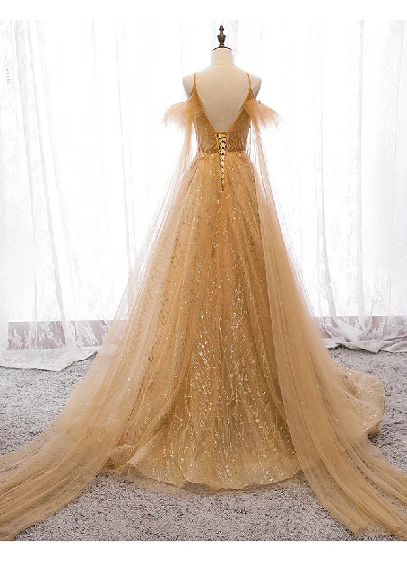 Champagne Tulle Lace V-neckline Beaded Unique Floor Length Party Dress, New Prom Dress Evening Dress Tunics Favorite customer