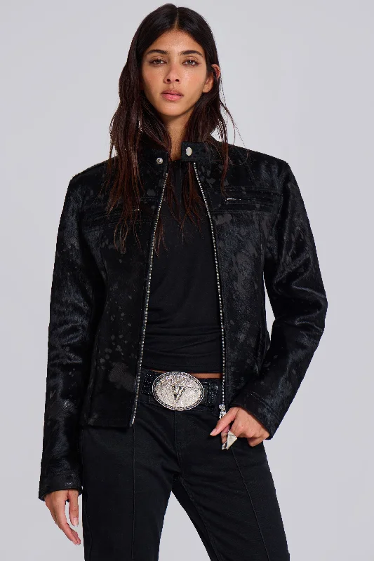 Black Real Leather Piston Jacket Cotton Fabric Linen Fabric Terry Fabric