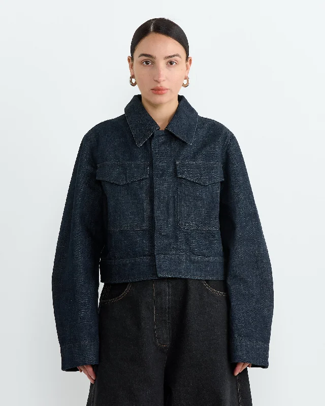 Two Pocket Cropped Jacket in Denim Indigo Wool Fabric Cashmere Fabric Tweed Fabric