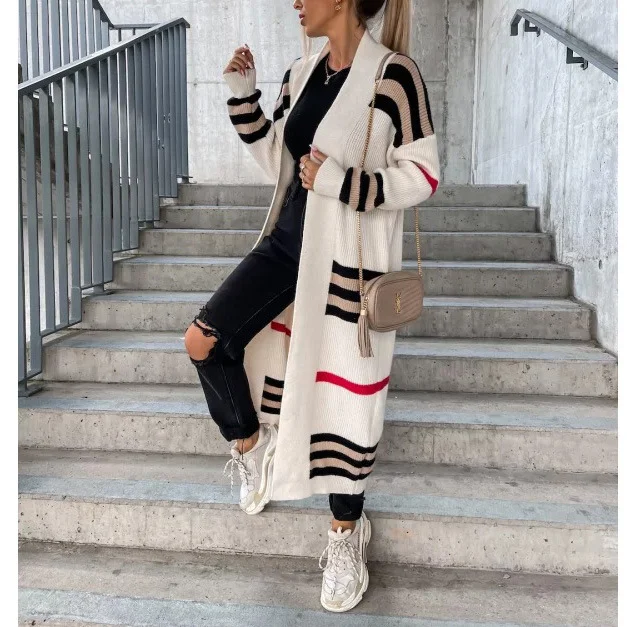Autumn Winter Long Cardigan Striped Women Knitted Sweater Coat Cable Knit Ribbed Knit Lace Knit