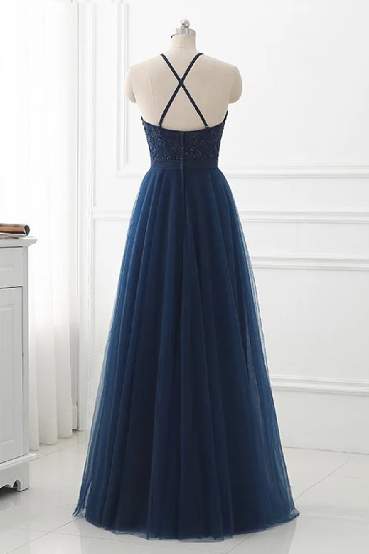 Navy Blue Tulle with Lace Applique Long Party Dress, Blue Prom Dress Tunics Fall fleece