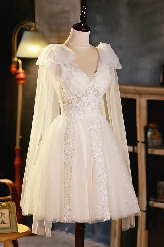 Champagne V-Neck Lace Short Prom Dress, Lovely A-Line Evening Party Dress Tunics Sophisticated sleek