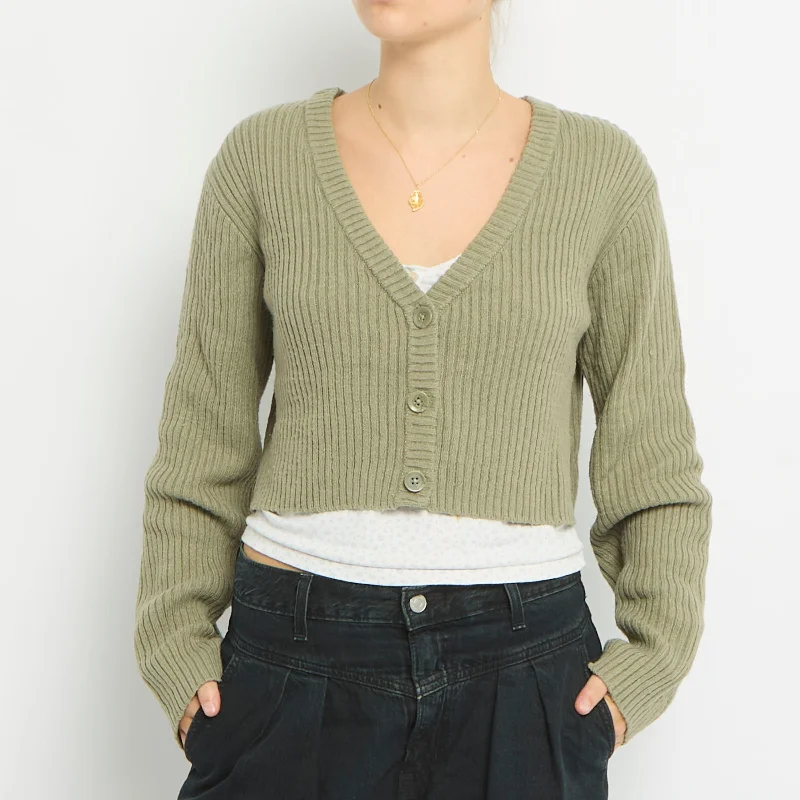 Ribbed Cropped Knitted Cardigan- UK 10 Terry Terry Cloth Terry Knit