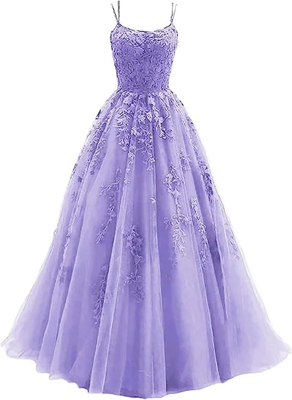 Lavender A-line Tulle with Lace Long Party Dress, Straps Lavender Prom Dress Tunics Leisure comfortable