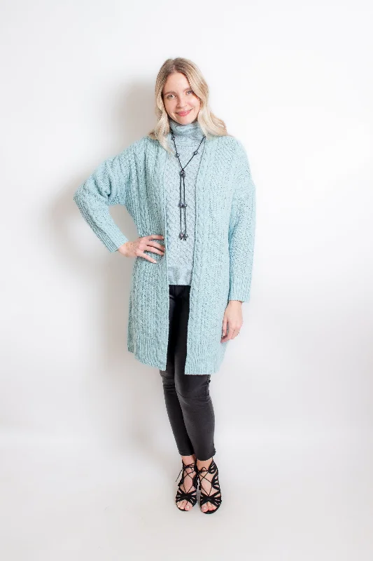 Maureen Heathered Cardigan in Aqua Mesh Fabric Canvas Fabric Denim Fabric