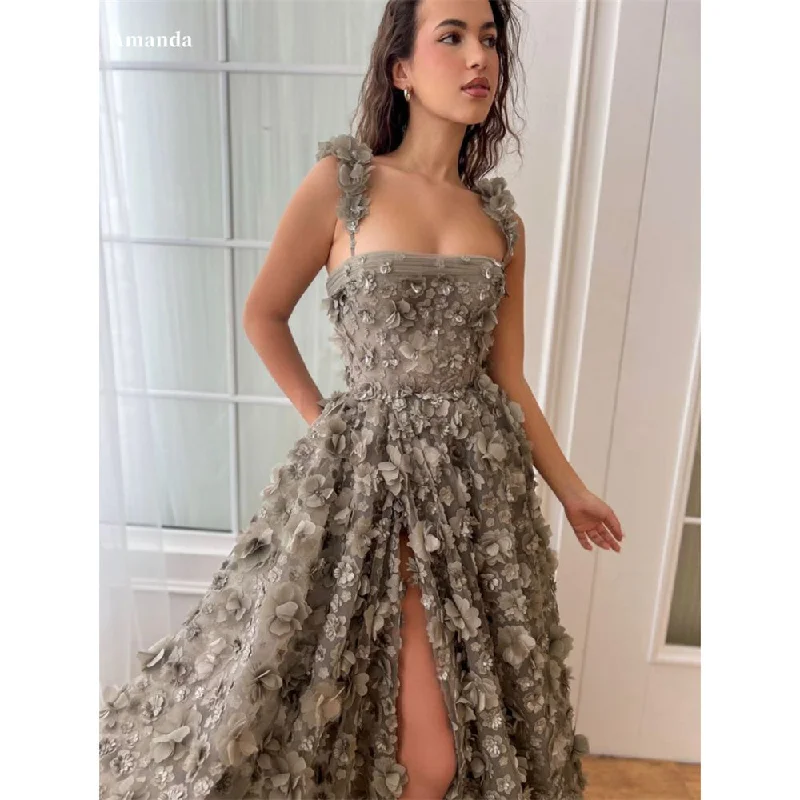 Cinessd Custom 3D Flowers Party Dresses Spaghetti Strap vestidos de fiesta Elegant Sleeveless Side Split Sweep Train Prom Dress Tunics Chinos classic