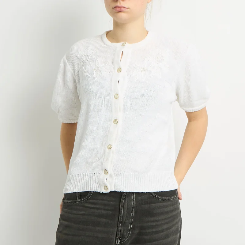 Beaded Detail Short Sleeve Knitted Cardigan - UK 10 Cotton Fabric Linen Fabric Terry Fabric