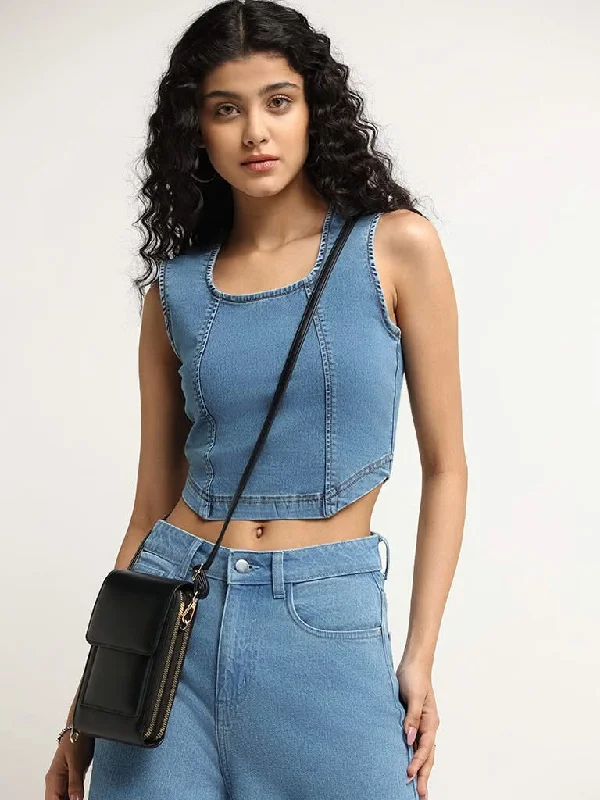 Nuon Blue Denim Tank Crop Top solid color tank
