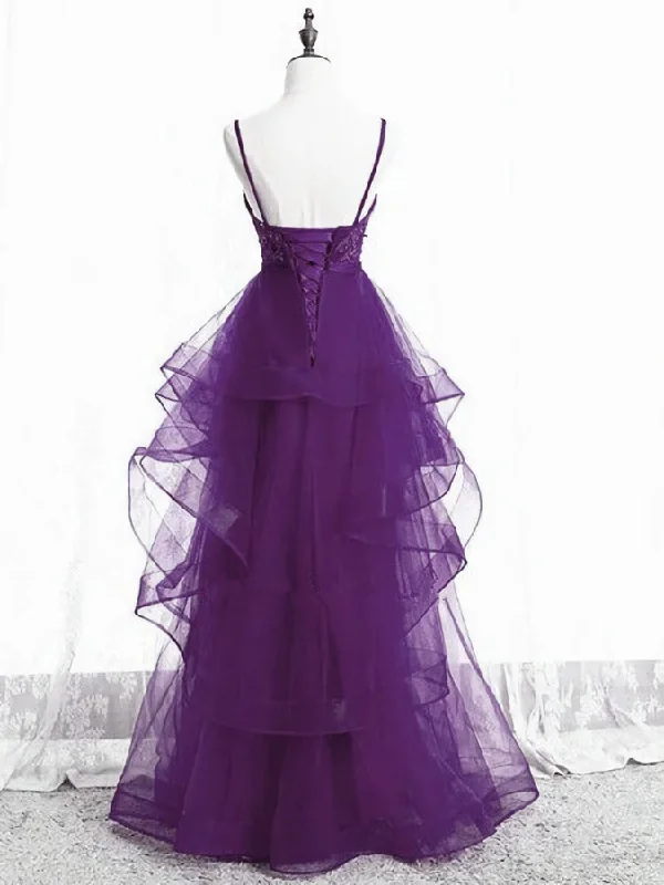 Purple Tulle Layers with Lace Long Evening Dresses, Purple Prom Dress Party Dresses Chiffon Maxi Beach